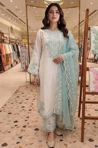 Sky Blue Color Embroidery And Thread Work Silk Blend Salwar Suit