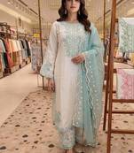 Sky Blue Color Embroidery And Thread Work Silk Blend Salwar Suit