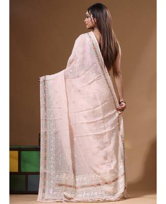 Peach viscose organza with embroideery saree with blouse piece 3