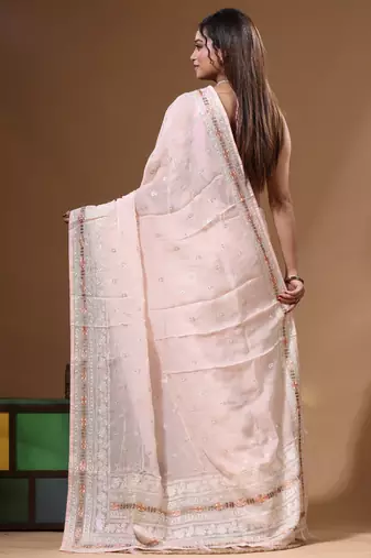 Peach viscose organza with embroideery saree with blouse piece