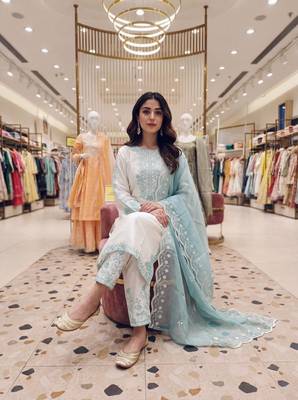 Sky Blue Color Embroidery And Thread Work Silk Blend Salwar Suit 2