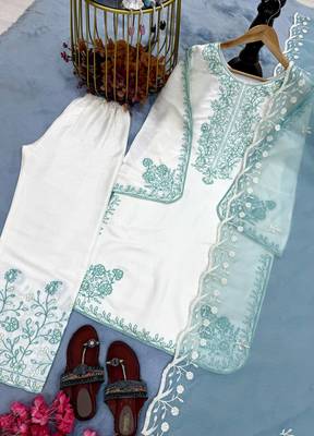 Sky Blue Color Embroidery And Thread Work Silk Blend Salwar Suit 3