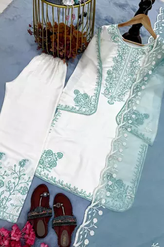 Sky Blue Color Embroidery And Thread Work Silk Blend Salwar Suit