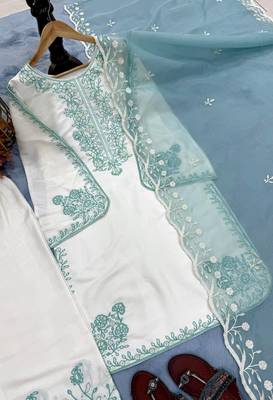 Sky Blue Color Embroidery And Thread Work Silk Blend Salwar Suit 4