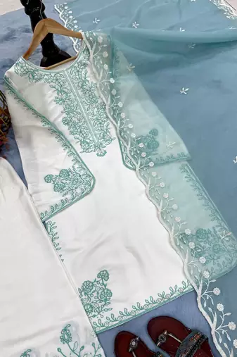 Sky Blue Color Embroidery And Thread Work Silk Blend Salwar Suit