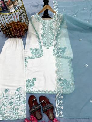 Sky Blue Color Embroidery And Thread Work Silk Blend Salwar Suit 5