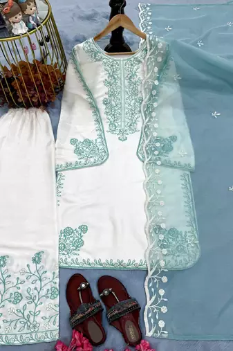 Sky Blue Color Embroidery And Thread Work Silk Blend Salwar Suit