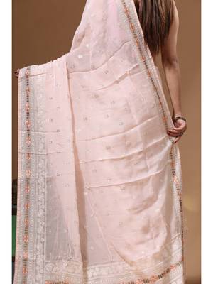 Peach viscose organza with embroideery saree with blouse piece 4