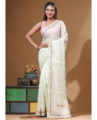 Green viscose organza with embroideery saree with blouse piece 1