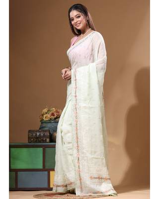 Green viscose organza with embroideery saree with blouse piece 2