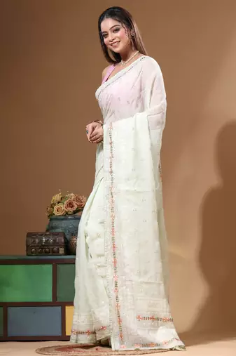 Green viscose organza with embroideery saree with blouse piece