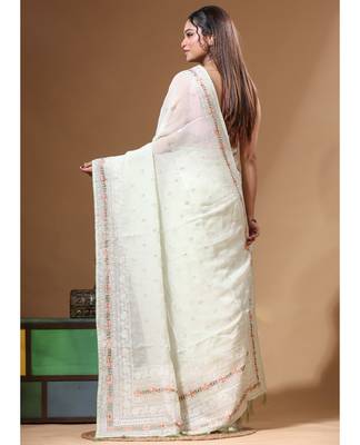 Green viscose organza with embroideery saree with blouse piece 3