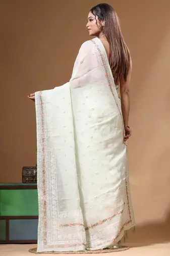 Green viscose organza with embroideery saree with blouse piece