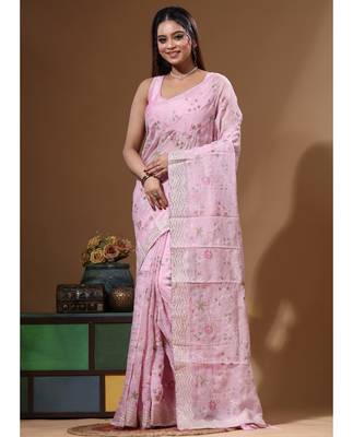 Pink viscose organza with embroideery saree with blouse piece 1
