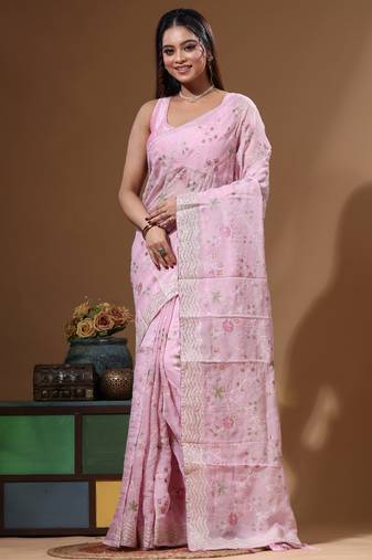 Pink viscose organza with embroideery saree with blouse piece