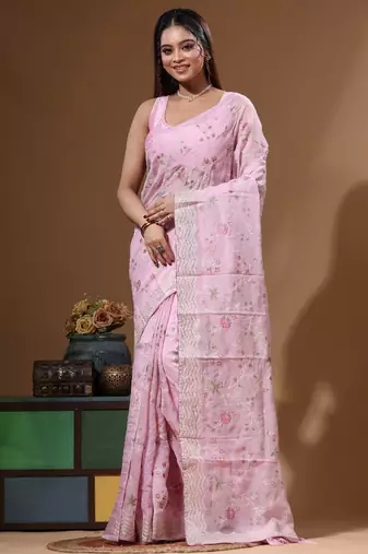 Pink viscose organza with embroideery saree with blouse piece