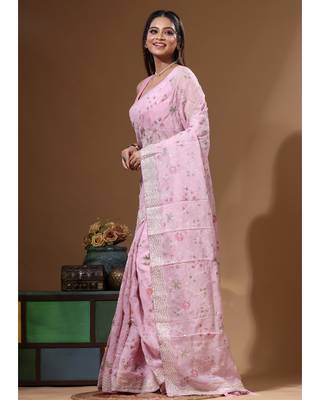 Pink viscose organza with embroideery saree with blouse piece 2