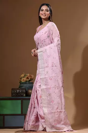 Pink viscose organza with embroideery saree with blouse piece
