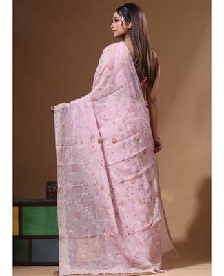 Pink viscose organza with embroideery saree with blouse piece 3