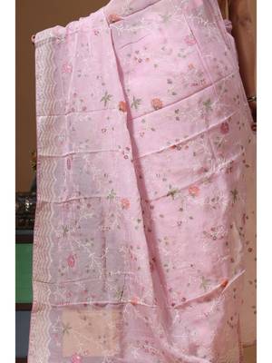 Pink viscose organza with embroideery saree with blouse piece 4