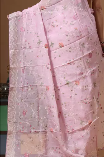 Pink viscose organza with embroideery saree with blouse piece