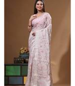 Grey viscose organza with embroideery saree with blouse piece