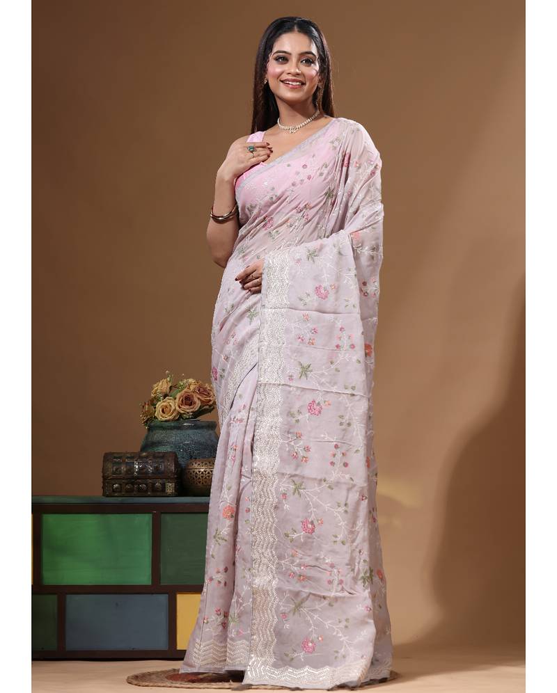 Grey viscose organza with embroideery saree with blouse piece
