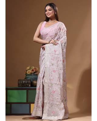 Grey viscose organza with embroideery saree with blouse piece 2
