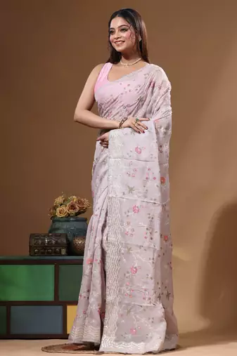 Grey viscose organza with embroideery saree with blouse piece