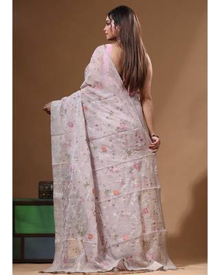 Grey viscose organza with embroideery saree with blouse piece 3