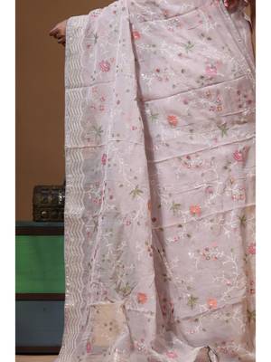 Grey viscose organza with embroideery saree with blouse piece 4
