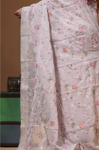 Grey viscose organza with embroideery saree with blouse piece