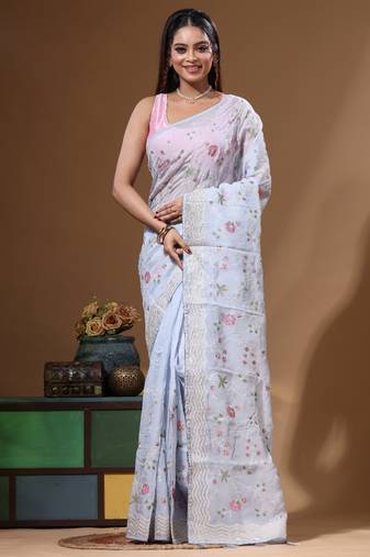 Blue viscose organza with embroideery saree with blouse piece