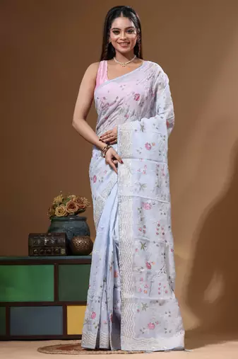 Blue viscose organza with embroideery saree with blouse piece