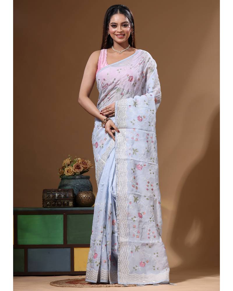 Blue viscose organza with embroideery saree with blouse piece
