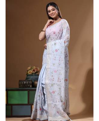 Blue viscose organza with embroideery saree with blouse piece 2