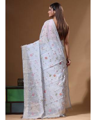 Blue viscose organza with embroideery saree with blouse piece 3