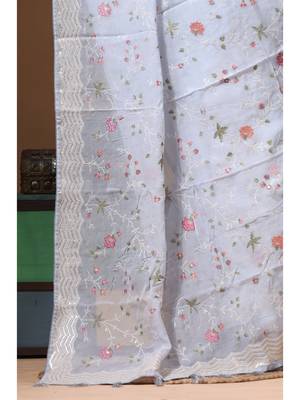 Blue viscose organza with embroideery saree with blouse piece 4