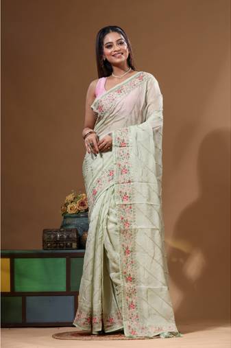 Light green viscose organza with embroideery saree with blouse piece