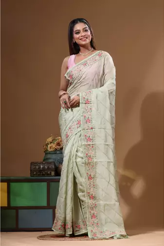Light green viscose organza with embroideery saree with blouse piece
