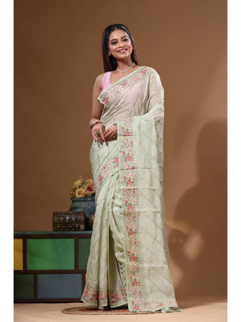 Light green viscose organza with embroideery saree with blouse piece