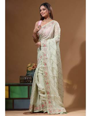 Light green viscose organza with embroideery saree with blouse piece 2