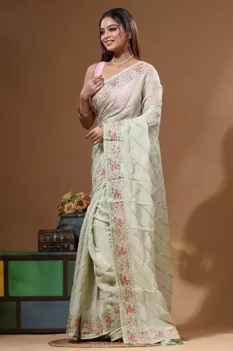 Light green viscose organza with embroideery saree with blouse piece