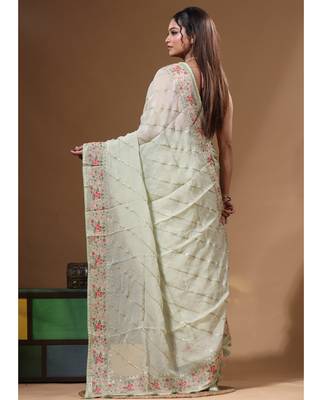 Light green viscose organza with embroideery saree with blouse piece 3