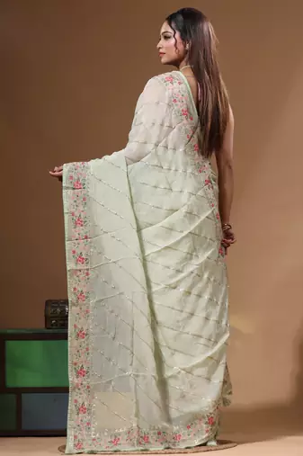 Light green viscose organza with embroideery saree with blouse piece