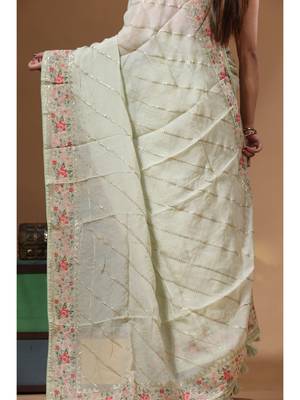 Light green viscose organza with embroideery saree with blouse piece 4
