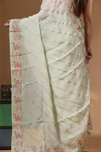 Light green viscose organza with embroideery saree with blouse piece