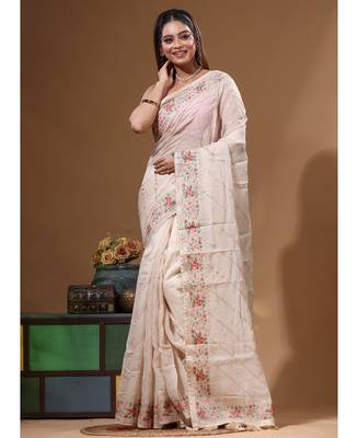 Cream viscose organza with embroideery saree with blouse piece 1