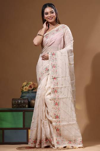 Cream viscose organza with embroideery saree with blouse piece
