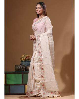 Cream viscose organza with embroideery saree with blouse piece 2